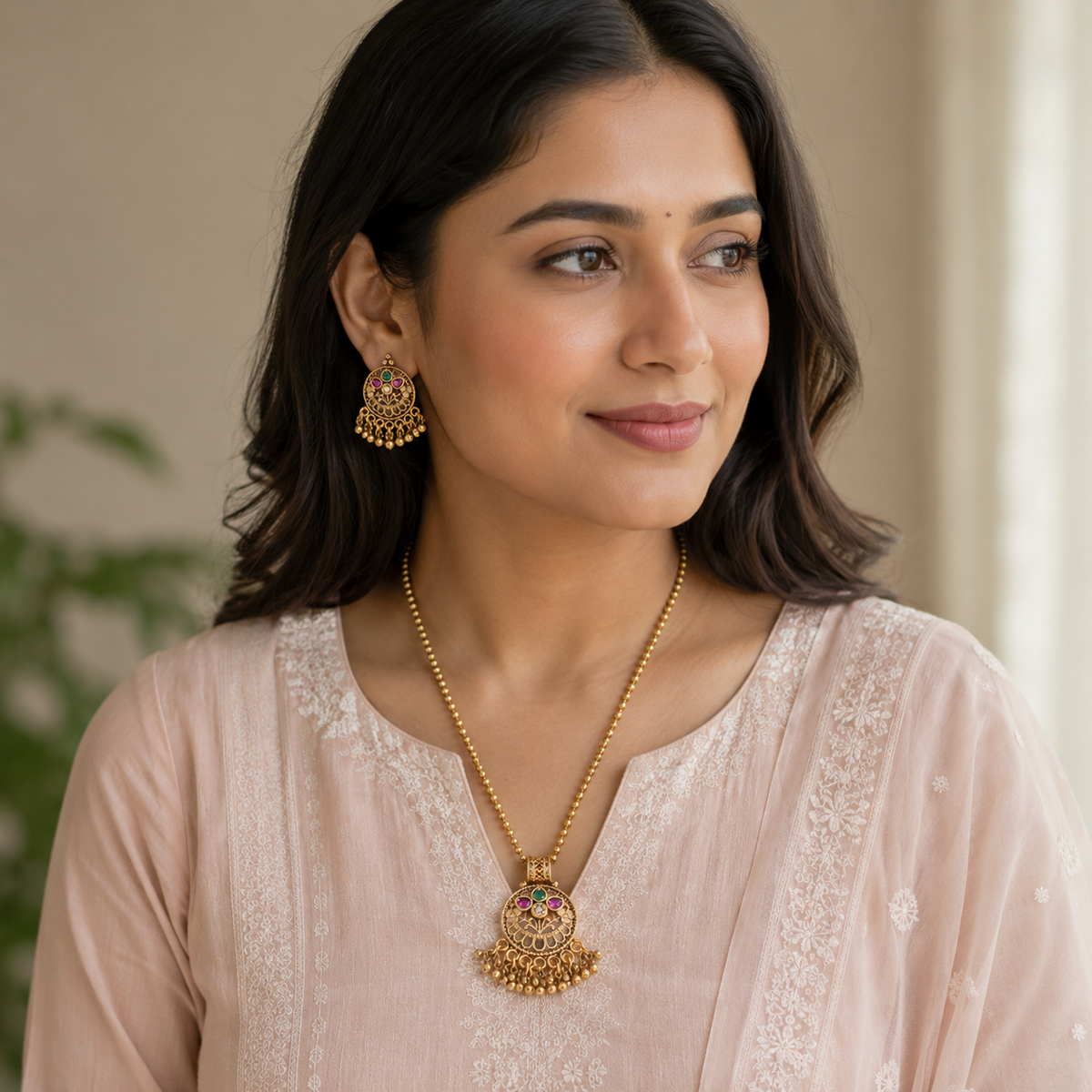 Beautiful stone gold pendant set with earring