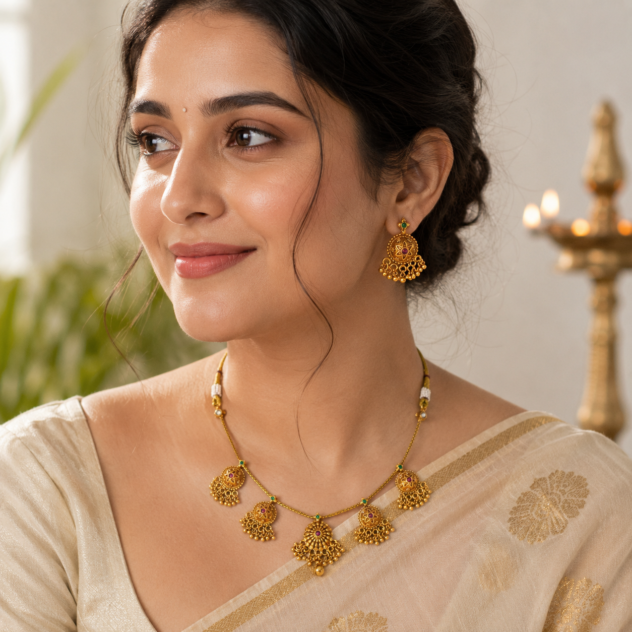 Plain gold ruby necklace set