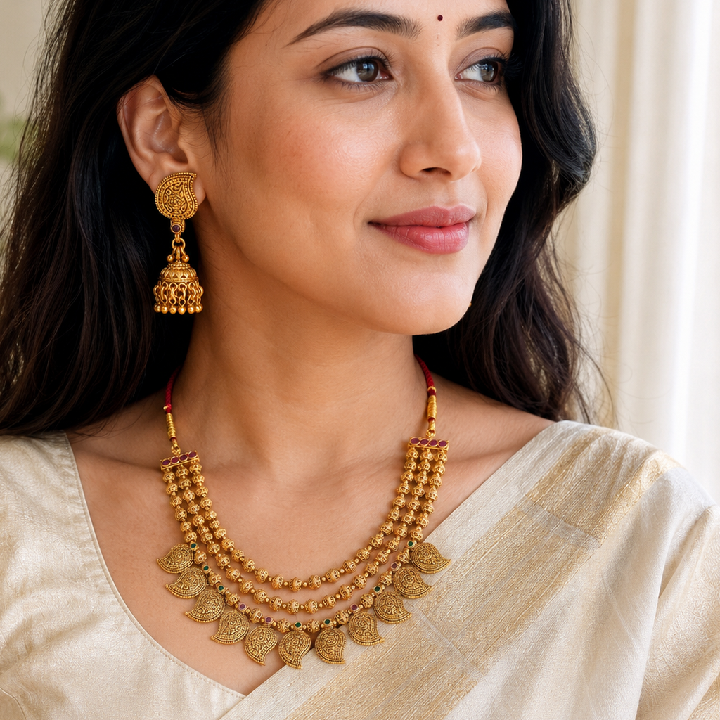 Gold Plated Plain Paisely Layer Neckalce Set