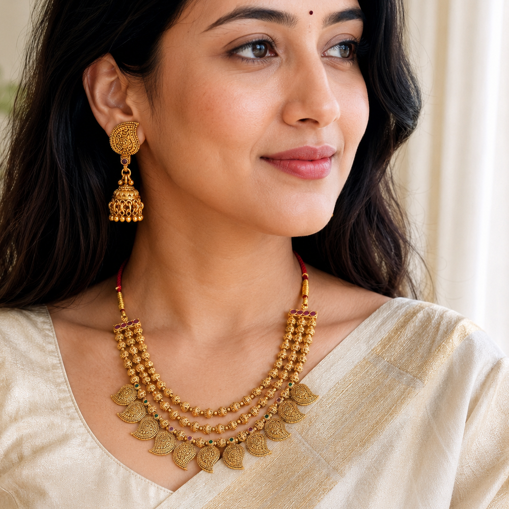 Gold Plated Plain Paisely Layer Neckalce Set