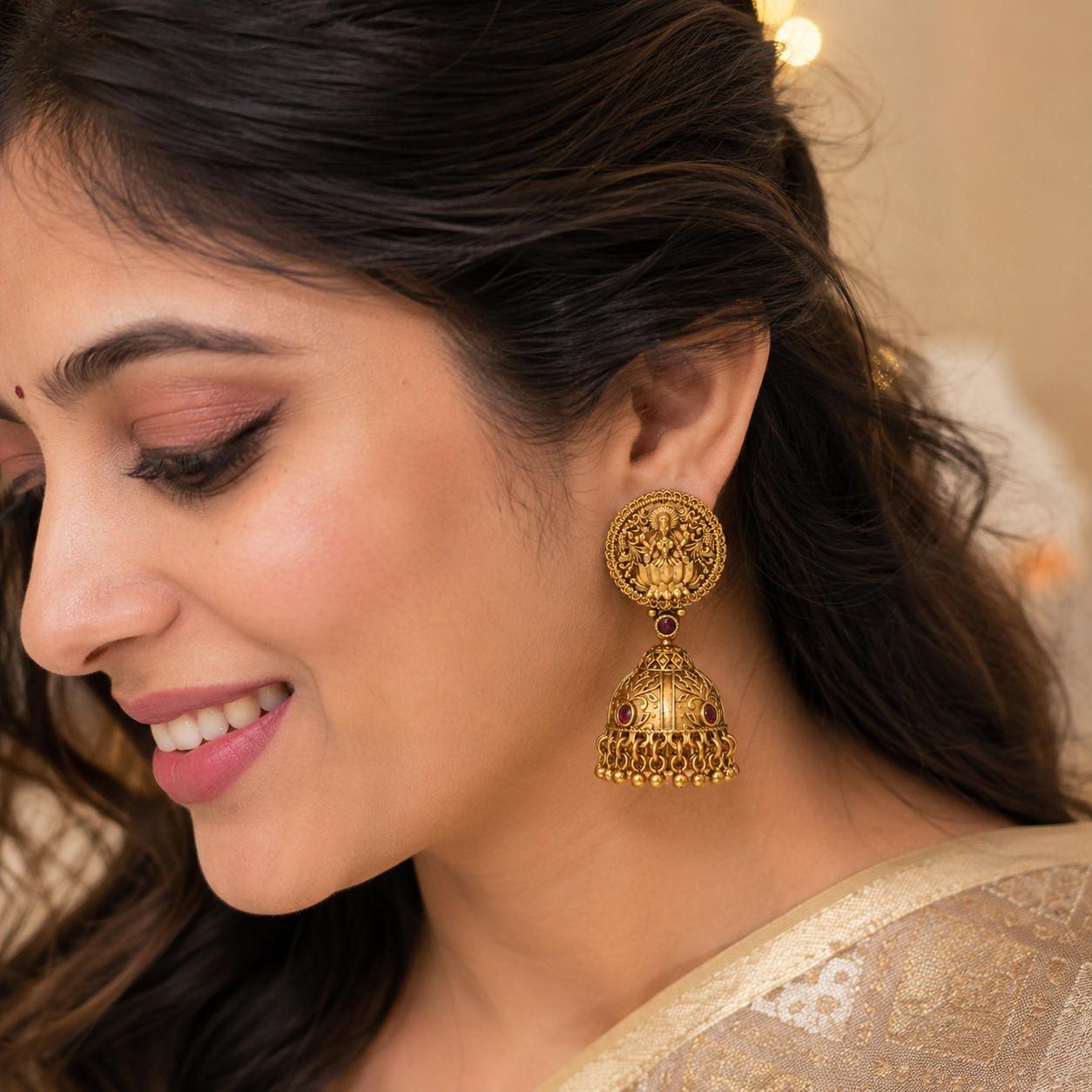 Gold maa lakshmi jhumka earring