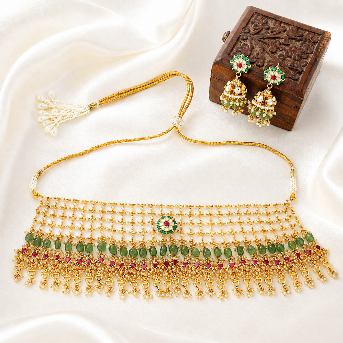 Gold Plated Pearl Pachi Kundan Necklace Set