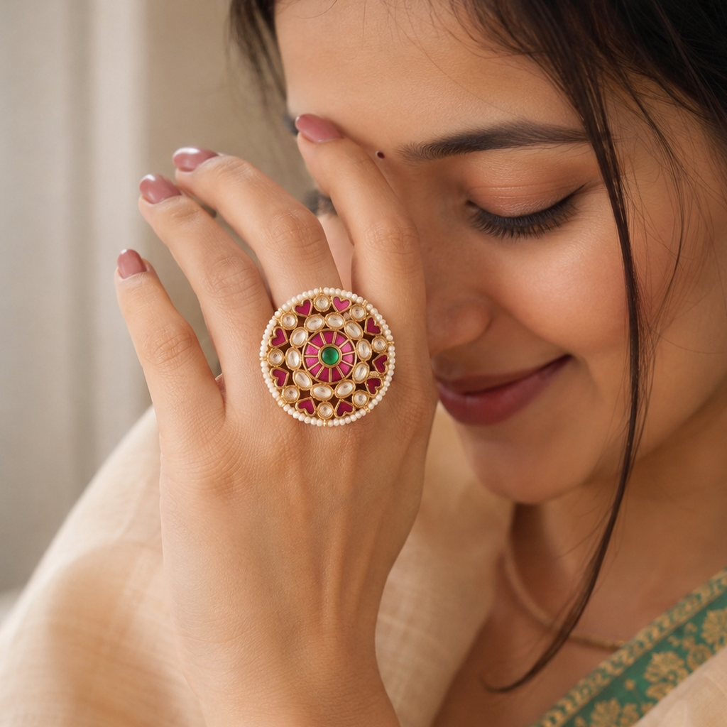 Gold Plated Ruby Kundan Finger Ring