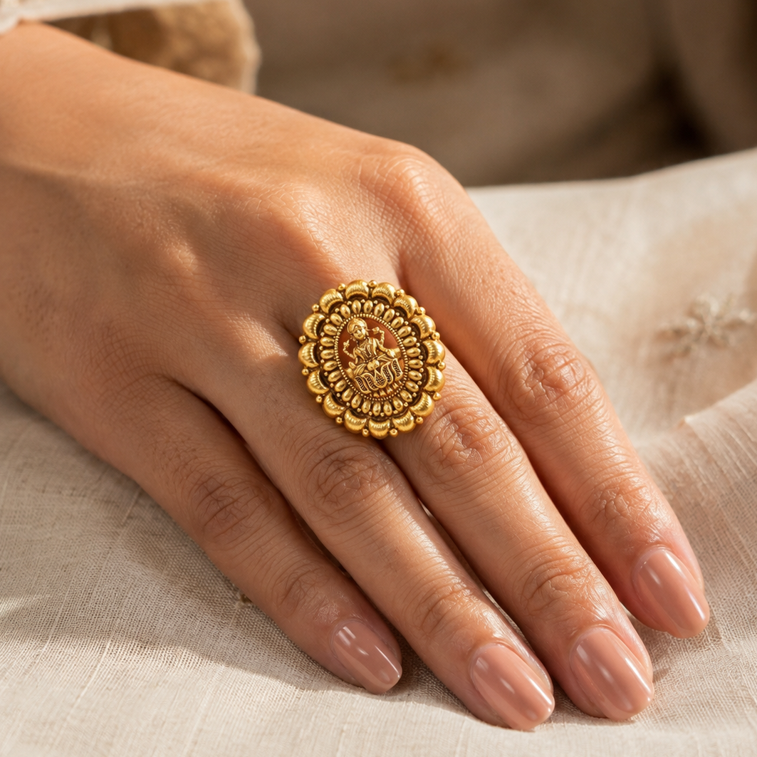 Antique Gold Plain Maa Lakshmi Adjustable Finger Ring I Temple Jewelry