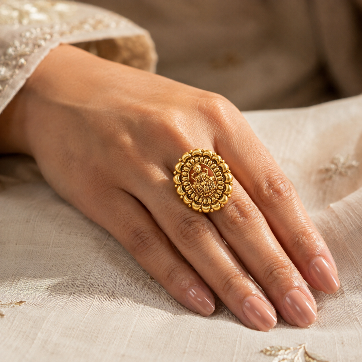 Antique Gold Plain Maa Lakshmi Adjustable Finger Ring I Temple Jewelry