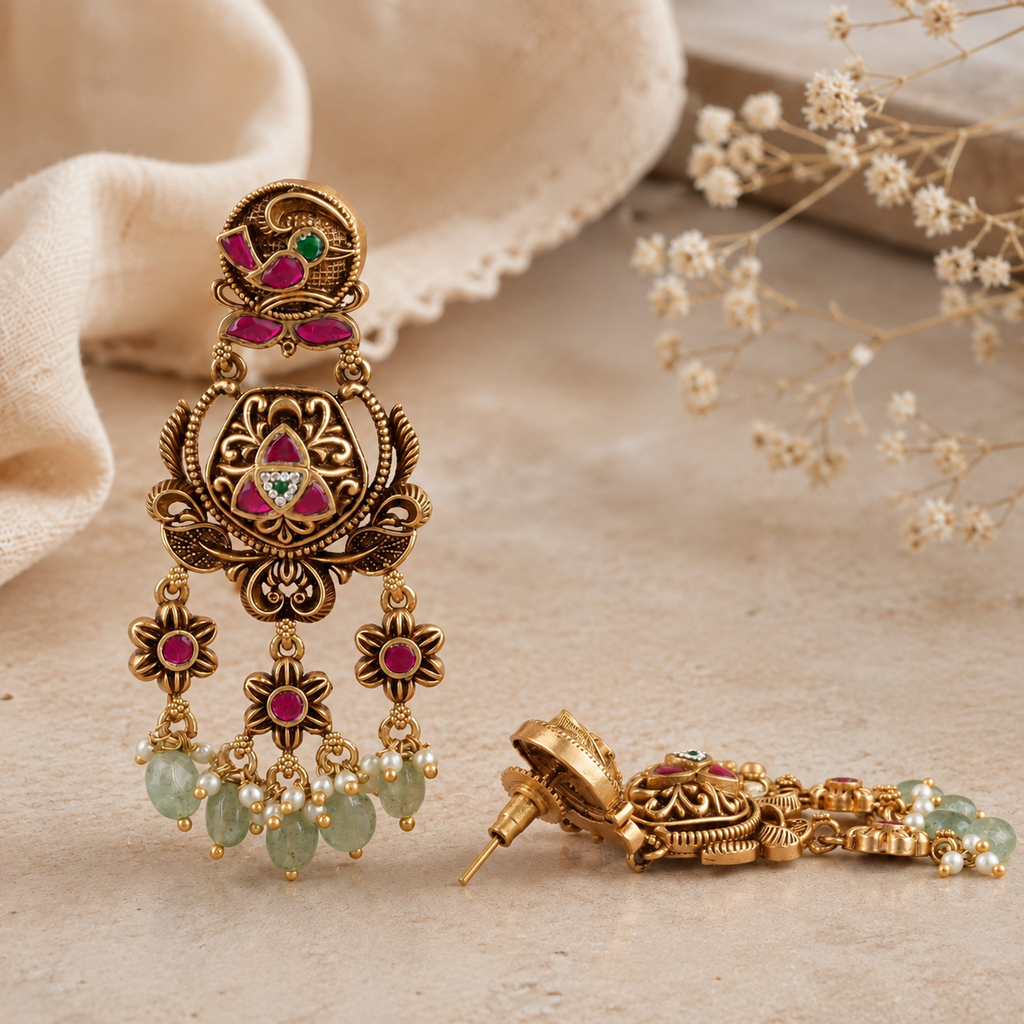 Beautiful long stone antique gold dangler earring