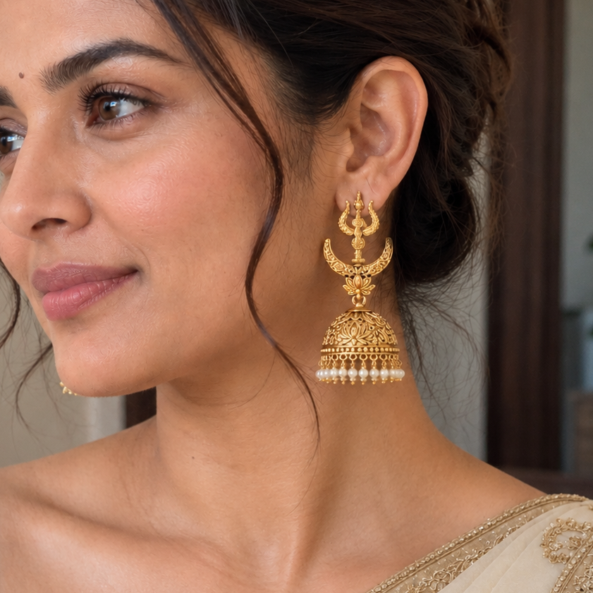 Long antique gold trishul jhumka earring