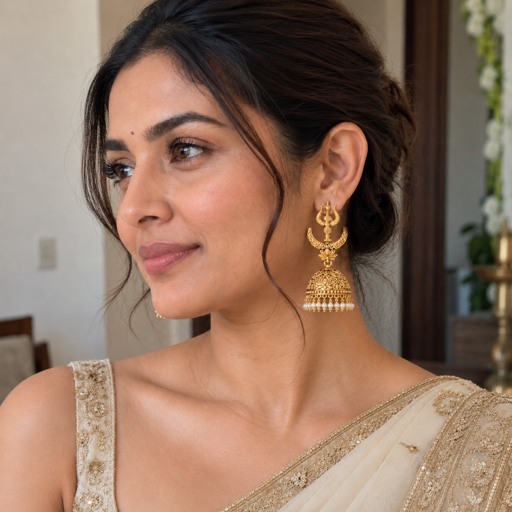 Long antique gold trishul jhumka earring