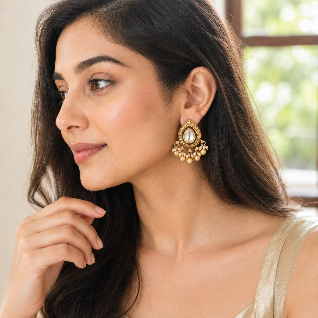 Stunning ball drop kundan antique gold earring
