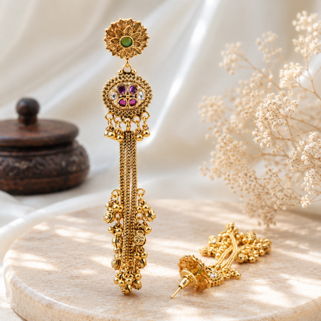 Antique Gold Long Ruby Ghungroo Earring