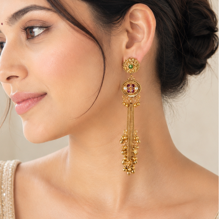 Antique Gold Long Ruby Ghungroo Earring