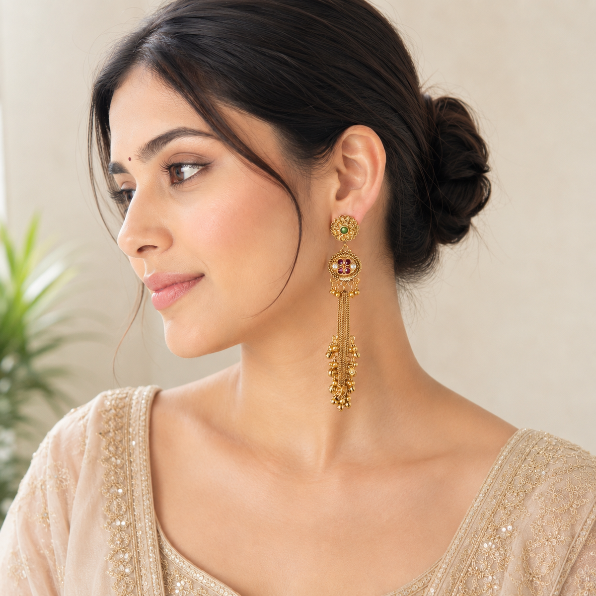 Antique Gold Long Ruby Ghungroo Earring
