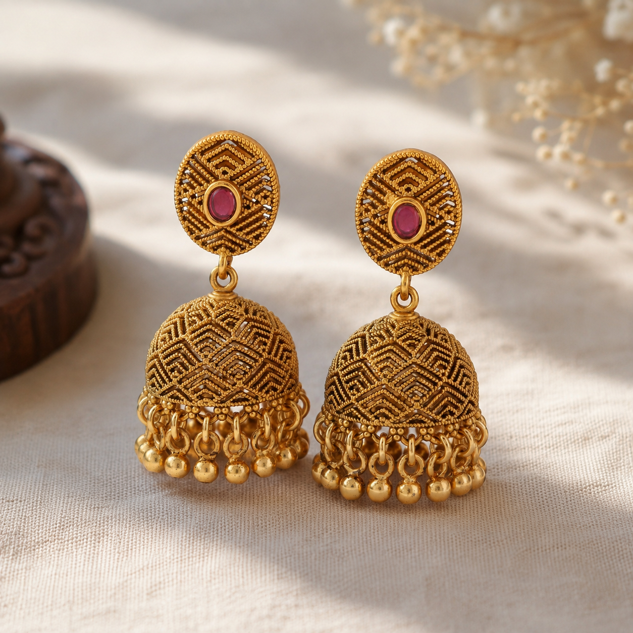 Gold Plated Stone Ball Jhumka Earring