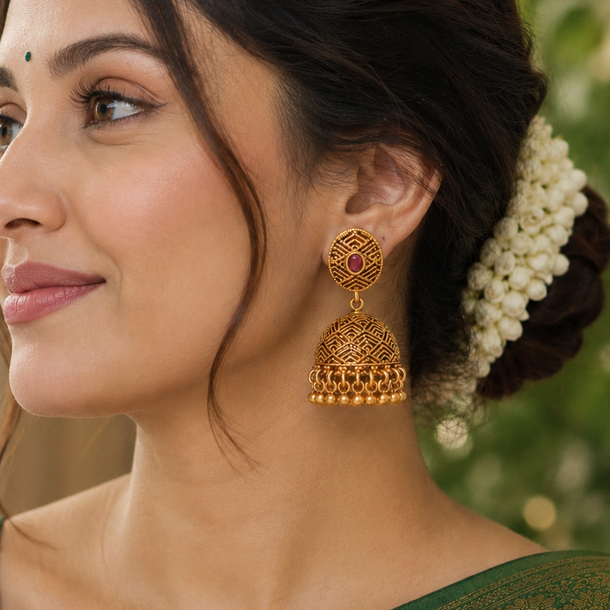 Gold Plated Stone Ball Jhumka Earring