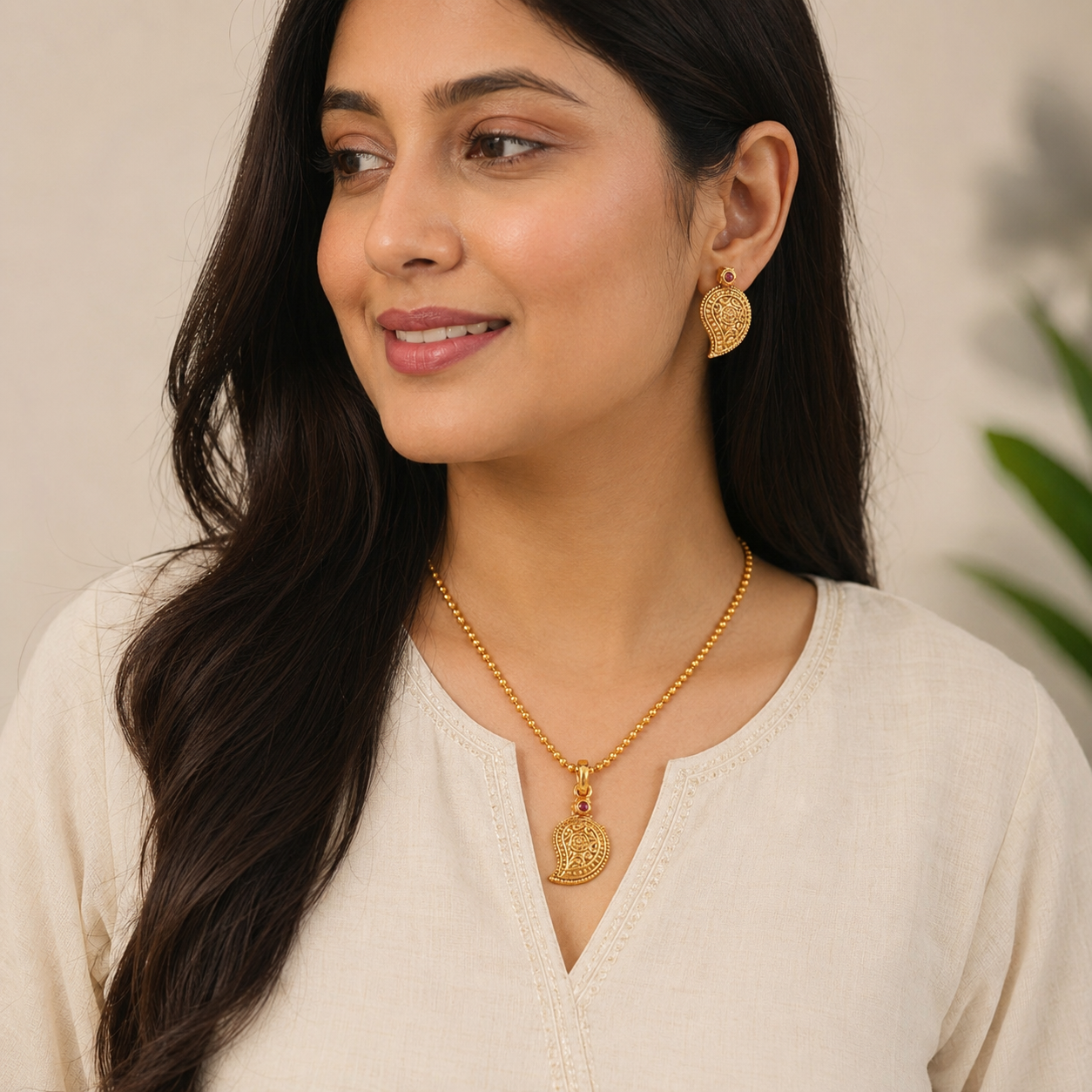 Cute elegant gold plated paisley pendant set