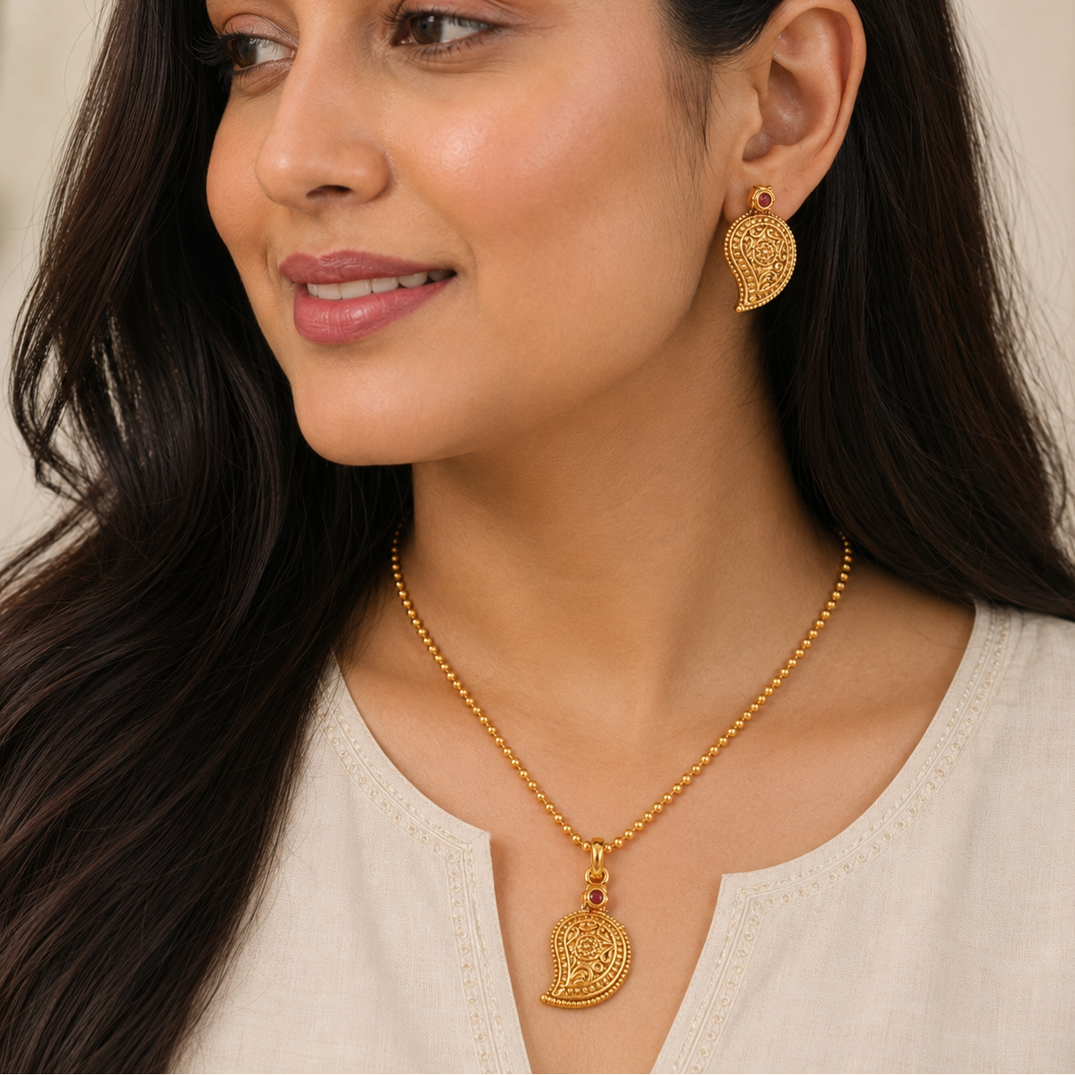 Cute elegant gold plated paisley pendant set