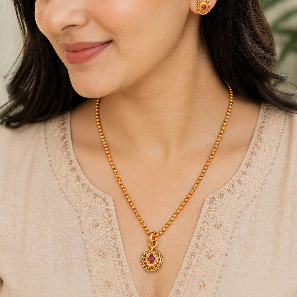 Cute oval ruby gold plated pendant set