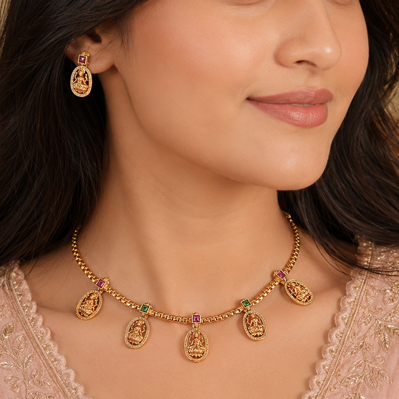 Elegant maa lakshmi multicolor stone neckalce set I Temple Jewellery