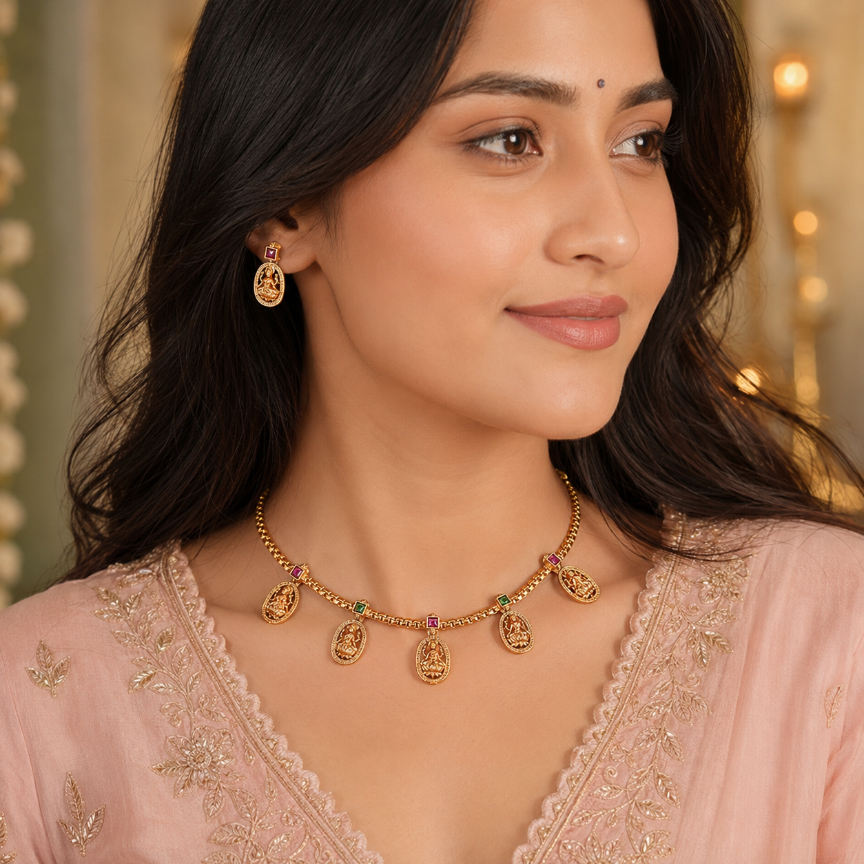 Elegant maa lakshmi multicolor stone neckalce set I Temple Jewellery