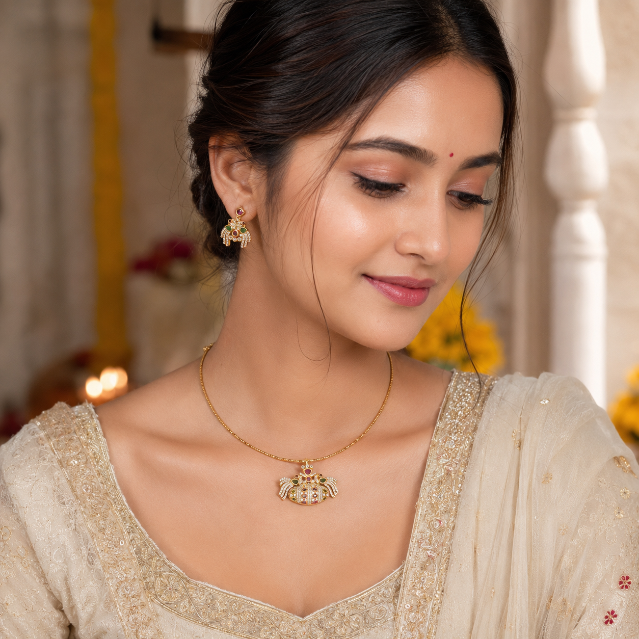 Elegant multicolor diamond antique gold necklace set