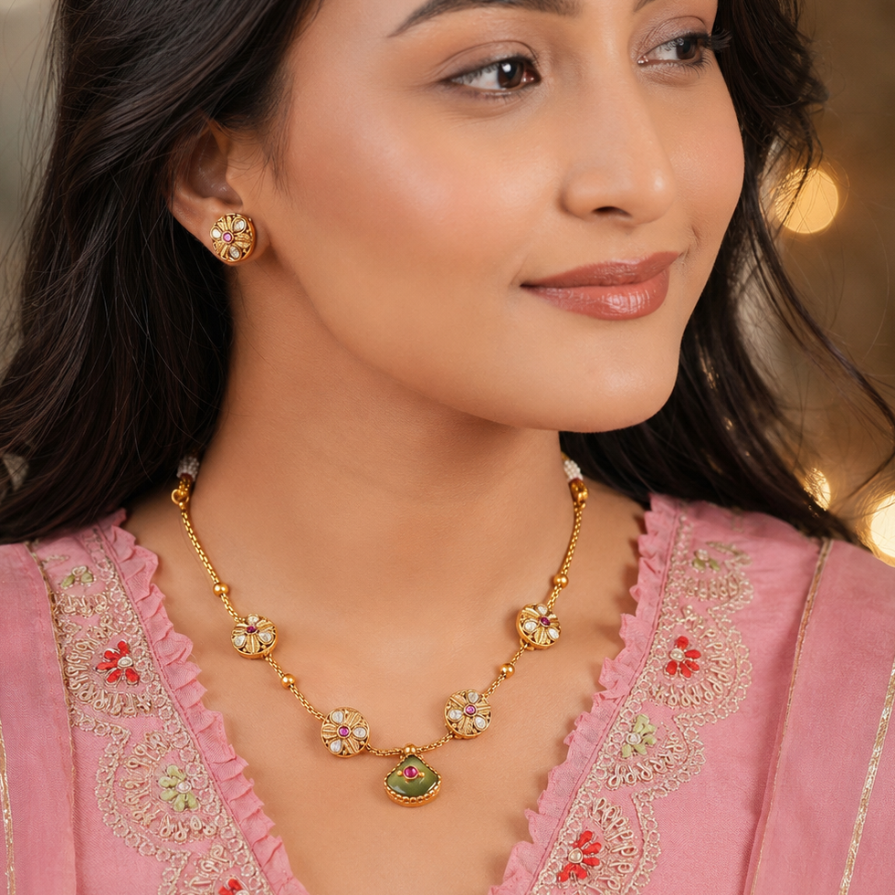 Beautiful gold emerald vada necklace set