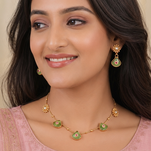 Gold plated ruhani panna drop necklace set