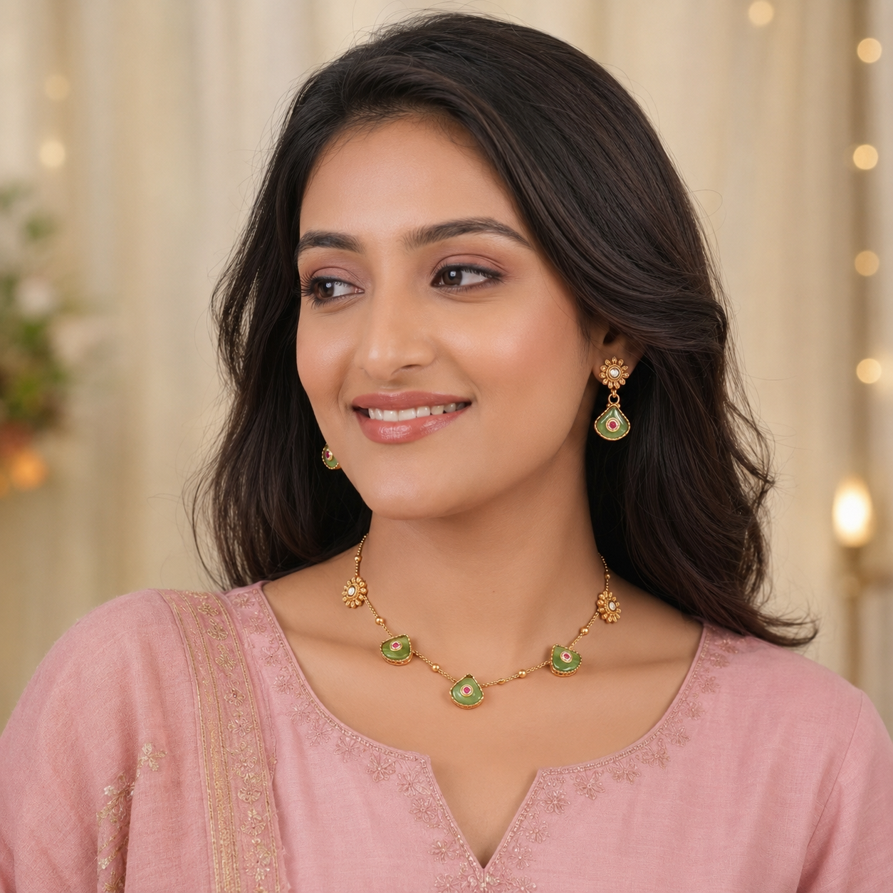 Gold plated ruhani panna drop necklace set