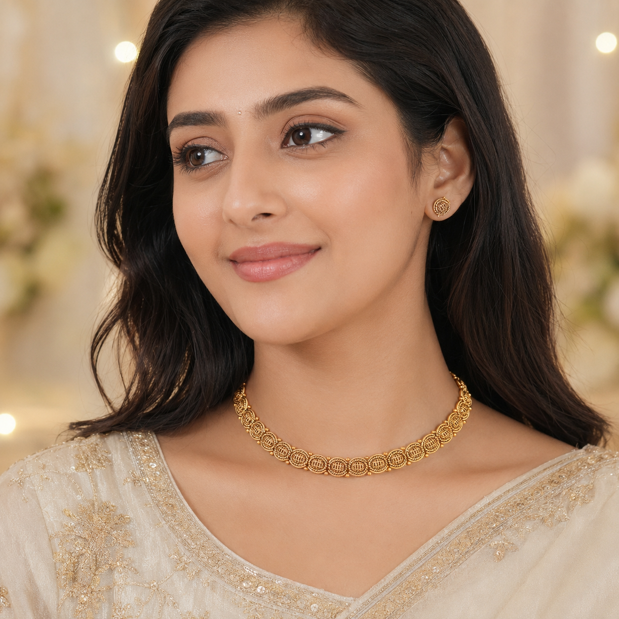 Cute oval plain antique gold necklace set