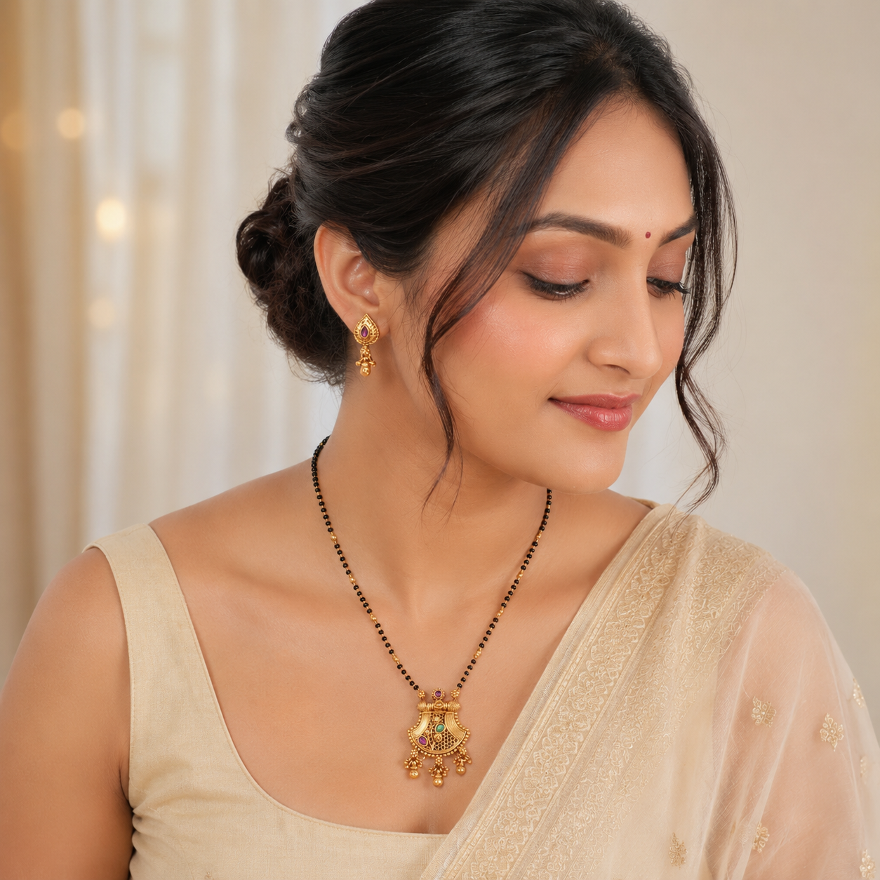 Stunning long antique gold stone mangalsutra set