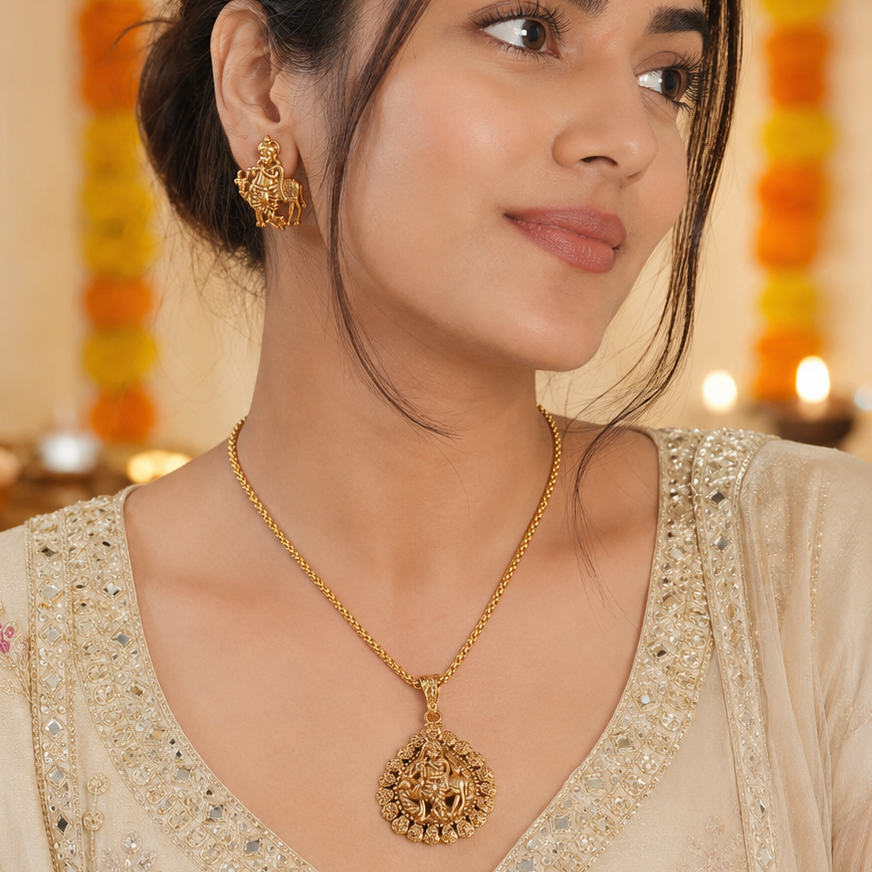 Stunning plain antique gold plated krishna pendant set