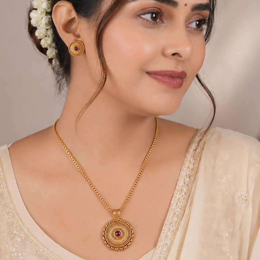 Beautiful traditional antique gold round pendant set