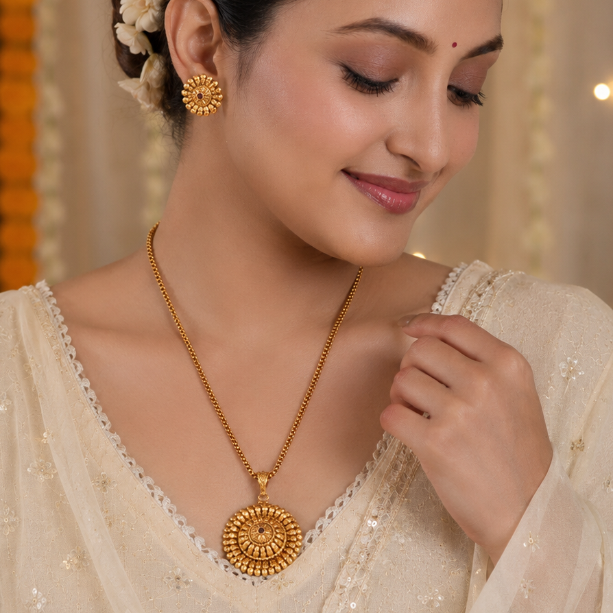 Beautiful floral antique gold pendant set with earring