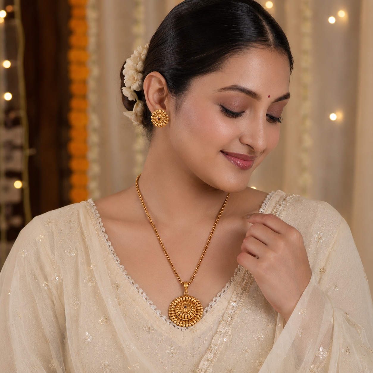 Beautiful floral antique gold pendant set with earring