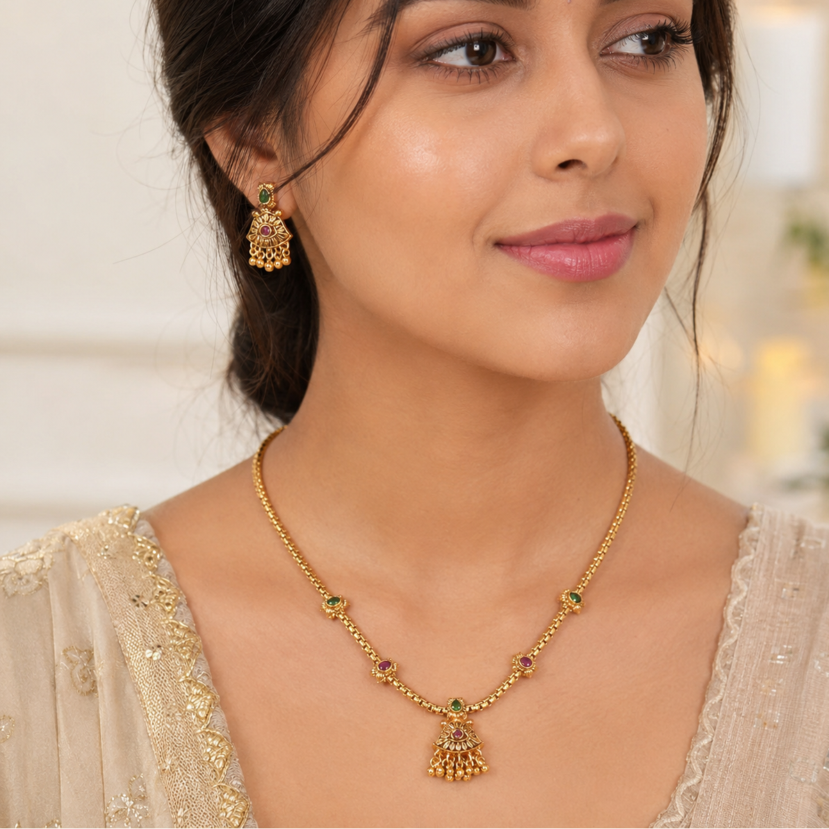 Cute antique gold stone delicate necklace set