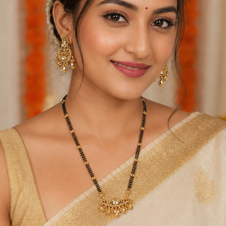 Long antique gold kundan mangalsutra necklace set