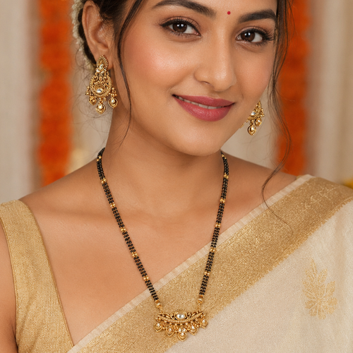 Antique Gold Long Kundan Mangalsutra Necklace Set