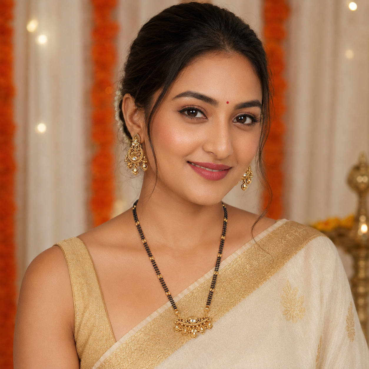 Long antique gold kundan mangalsutra necklace set