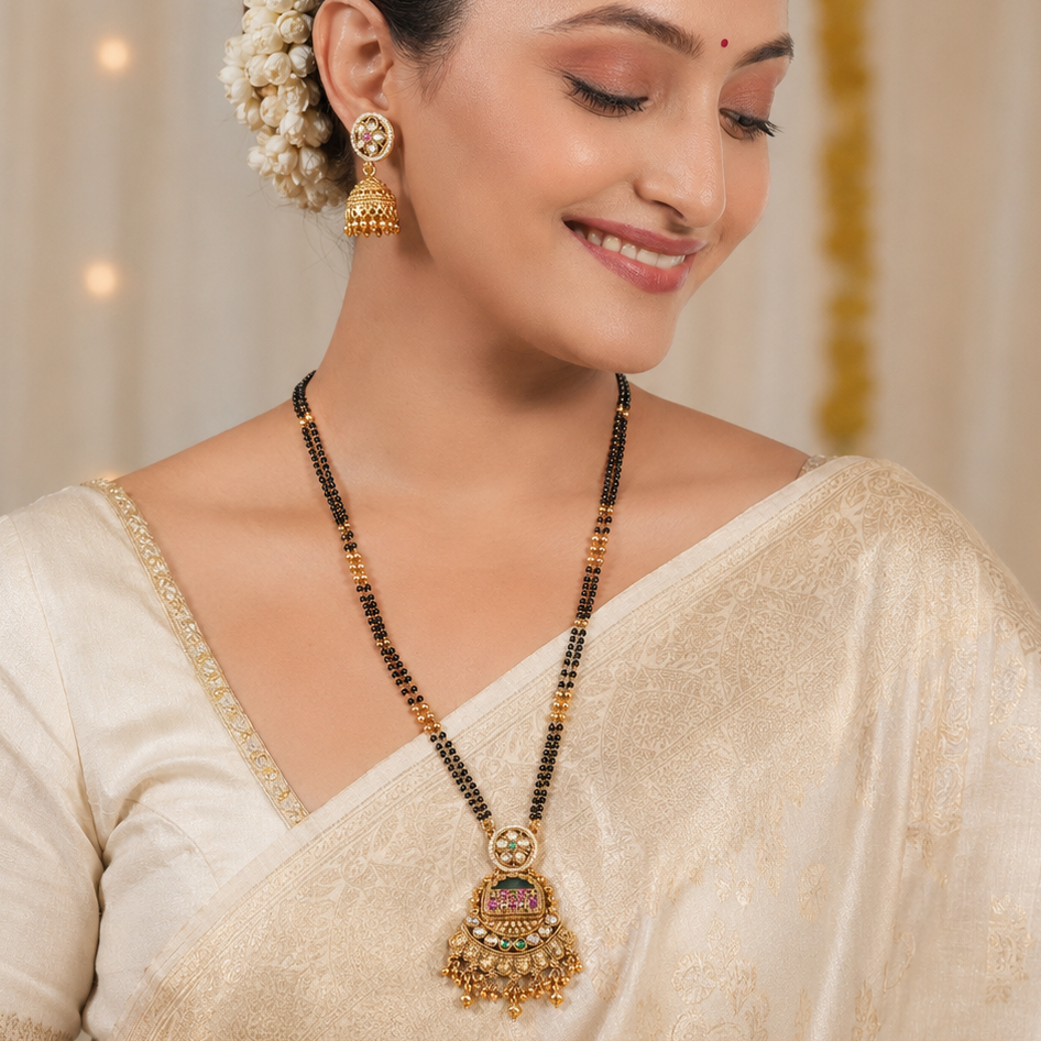 Long kundan stone antique gold magalstura
