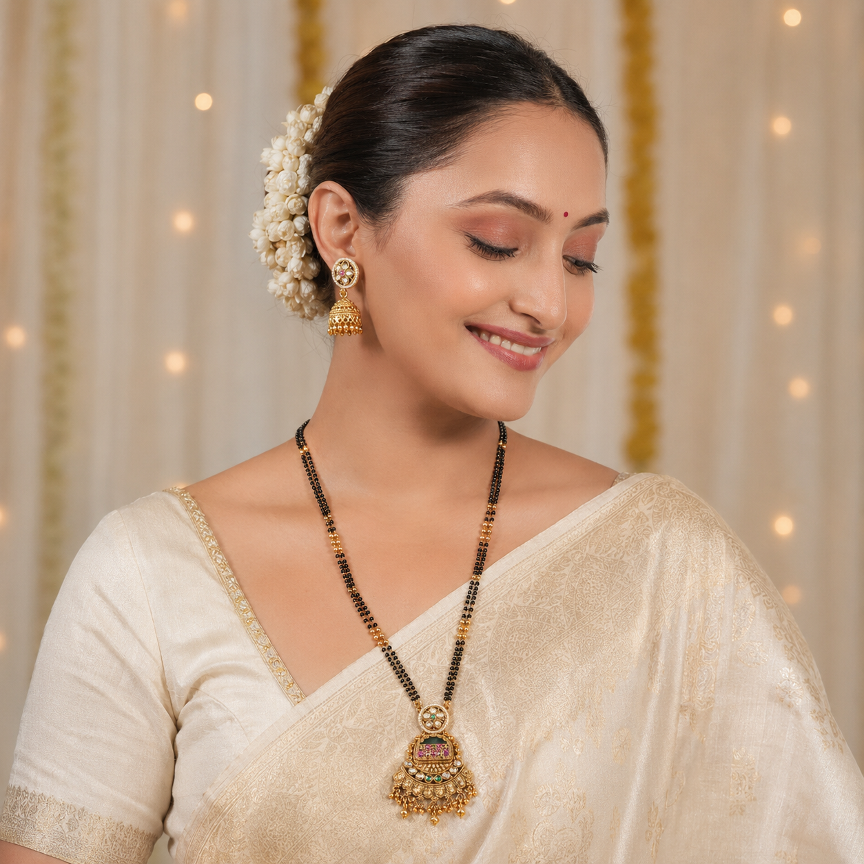 Long kundan stone antique gold magalstura