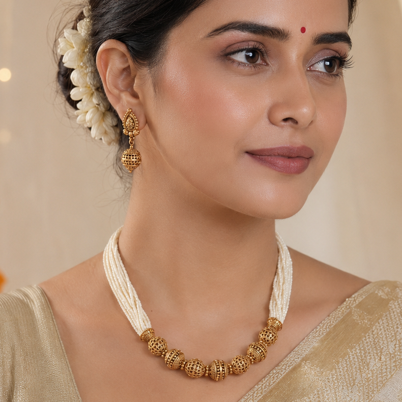 Beautiful antique gold pearl mala necklace set