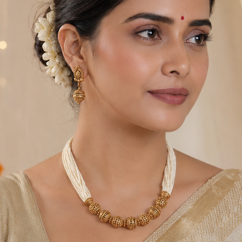 Beautiful antique gold pearl mala necklace set