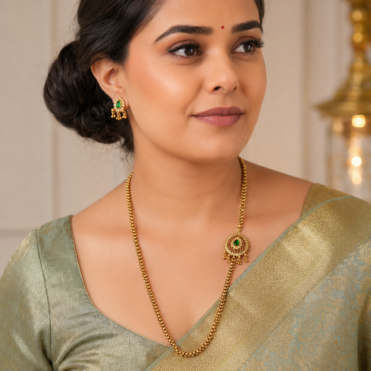 Stunning antique gold side brooch mala necklace set