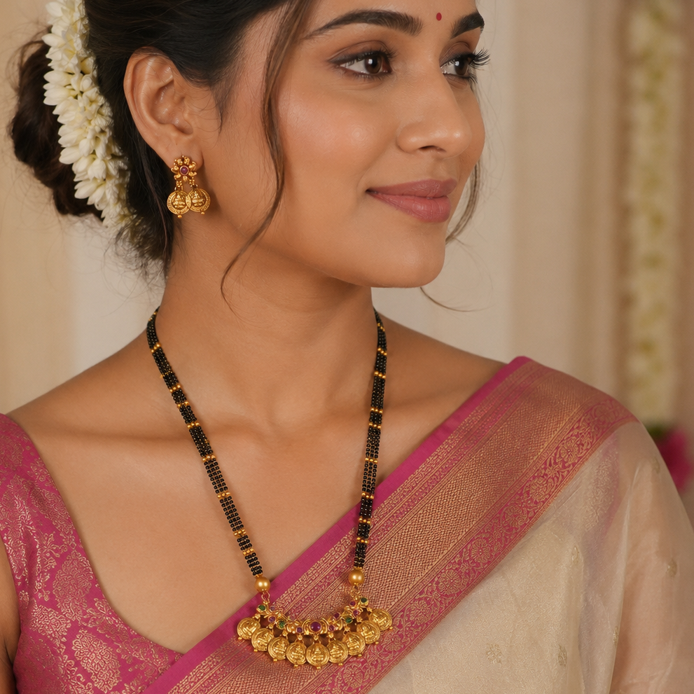 Stunning long antique gold maa lakshmi mangalsutra set for women I Temple Jewellery