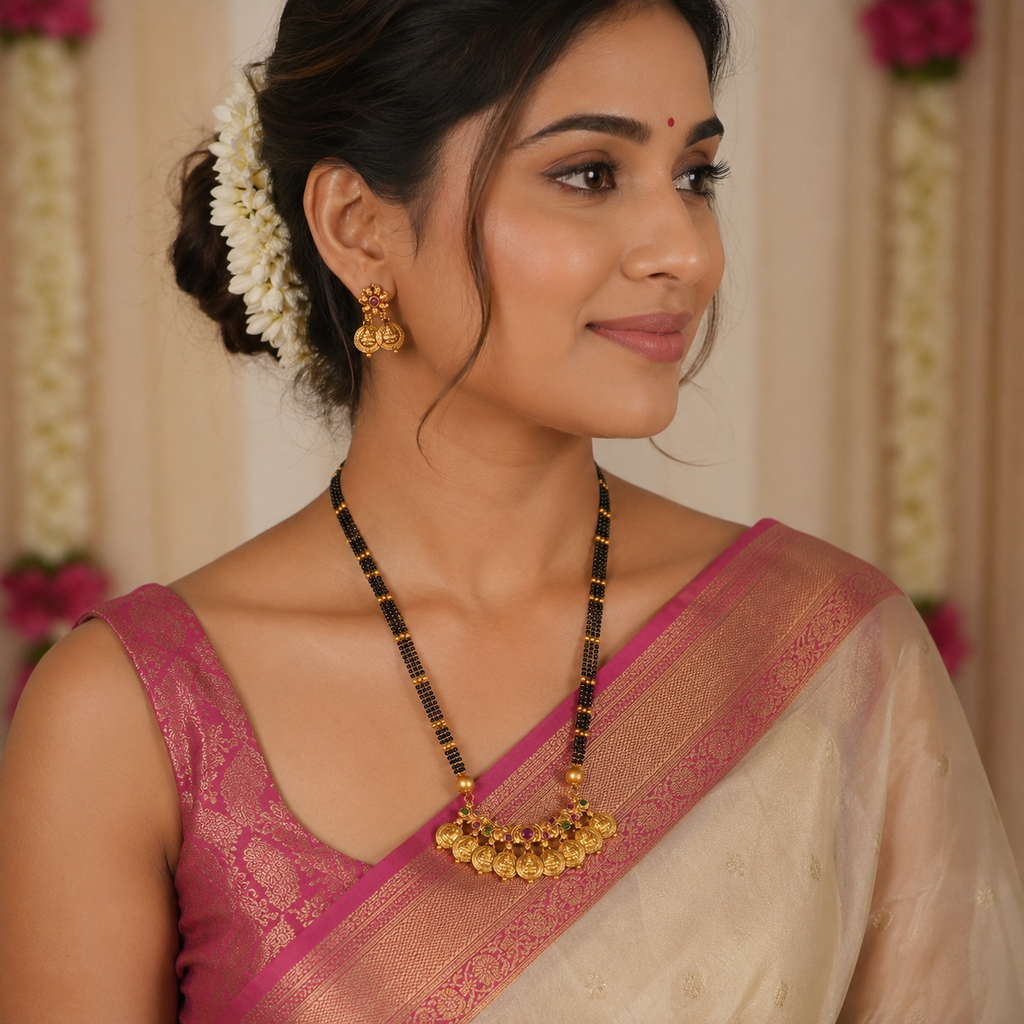 Stunning long antique gold maa lakshmi mangalsutra set for women I Temple Jewellery