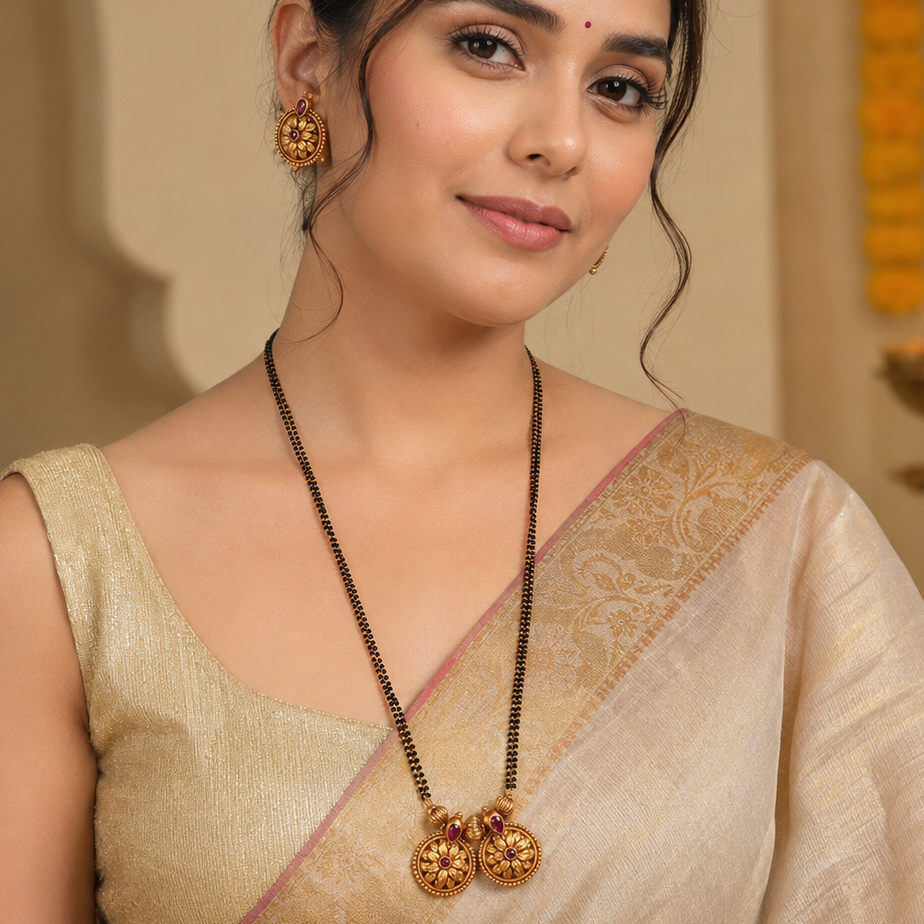 Stunning antqiue gold floral ruby long mangalsutra set