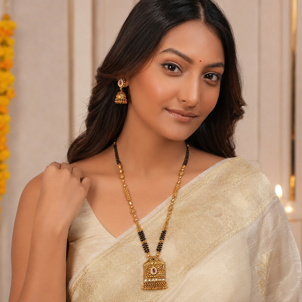 Gorgeous antique gold long mangalsutra with jhumka earring