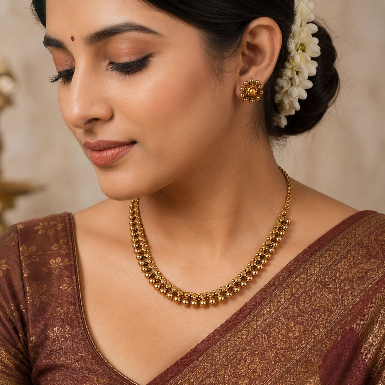 Delicate antique gold plated plain balls necklace set for women