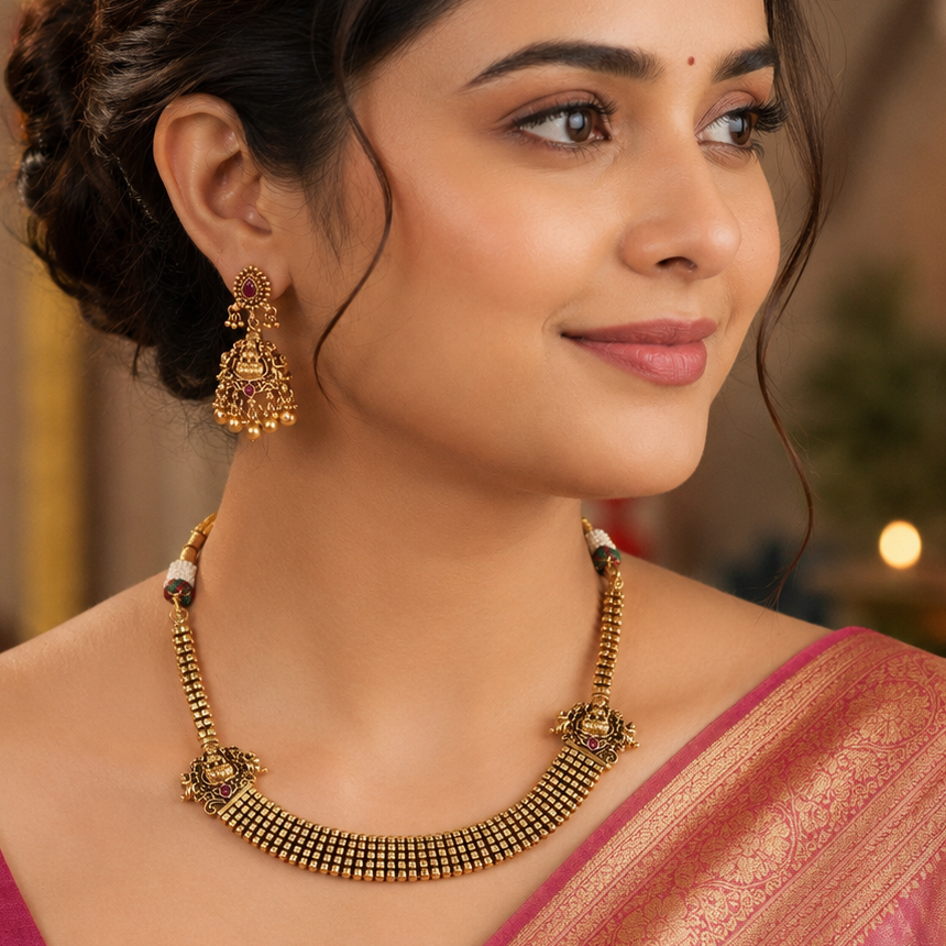 Stunning antique gold plated maa lakshmi necklace set with earring | Temple jewellery