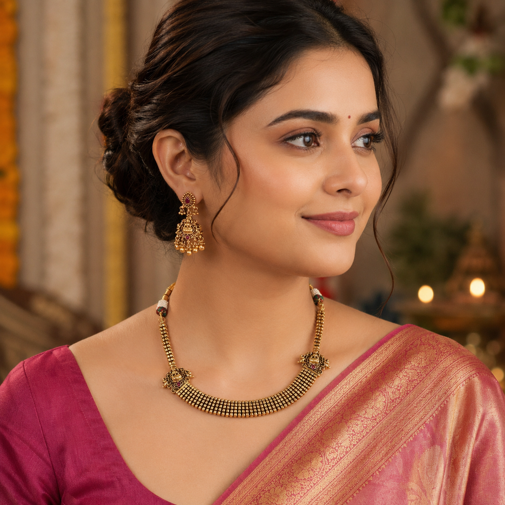 Stunning antique gold plated maa lakshmi necklace set with earring | Temple jewellery
