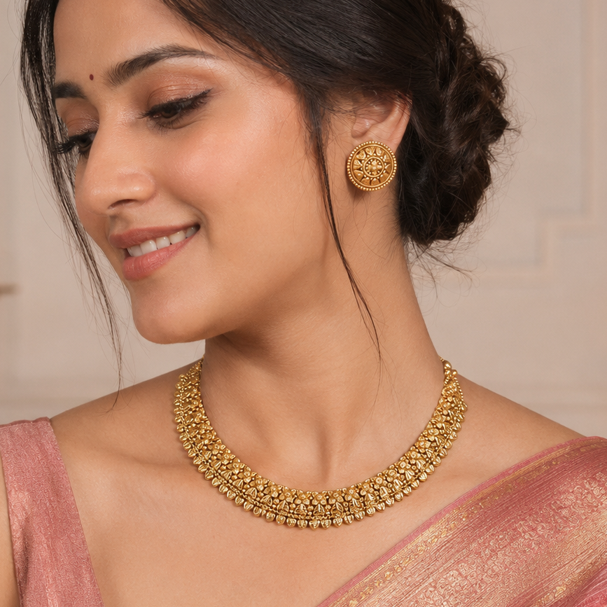 Plain antique gold intricate necklace set
